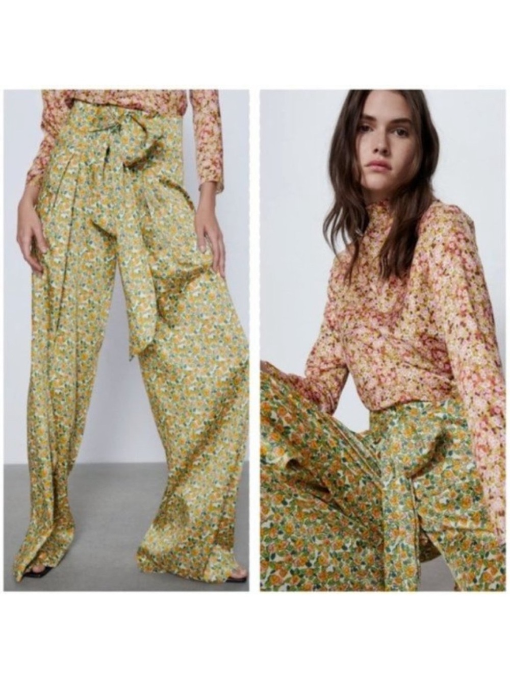 Zara Floral High-Waist Wide Leg Pants with Tie Waist